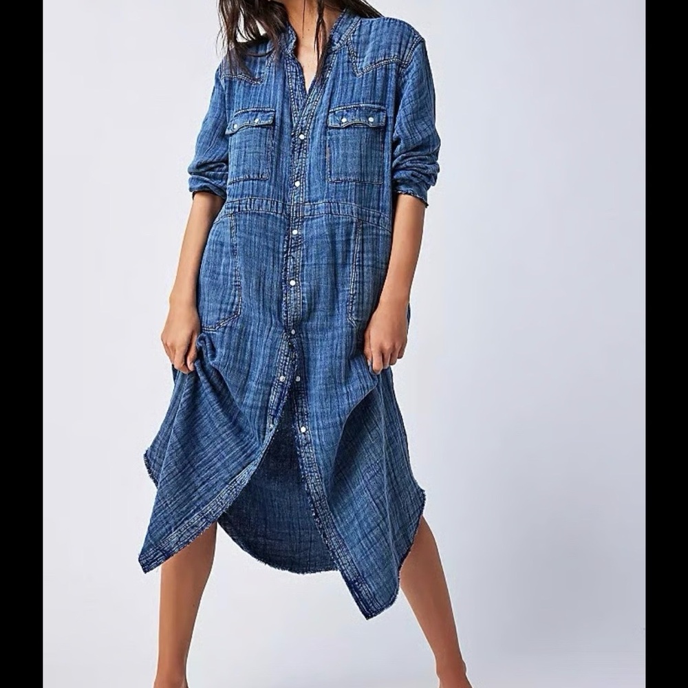 Free People Cinderella Snap Dress  Gauzy-Denim Shirt Dress
